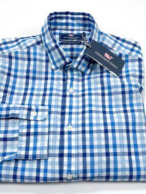 Vineyard Vines M Classic Fit Cooper Shirt Cotton Linen Blend Blue Check NEW NWT